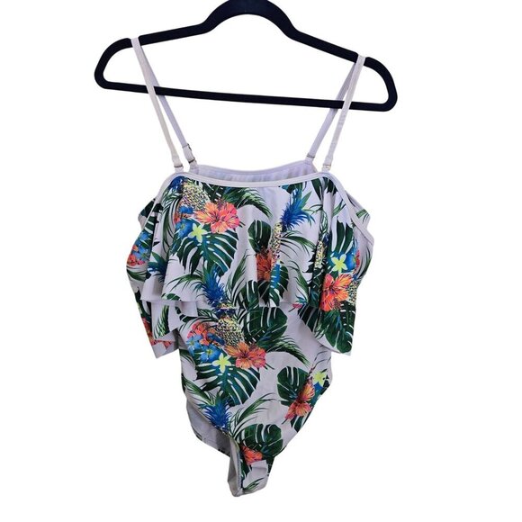Tempt Me White Pineapple Tropical Off Shoulder Flounce One Piece Swimsuit Size L - Picture 6 of 7